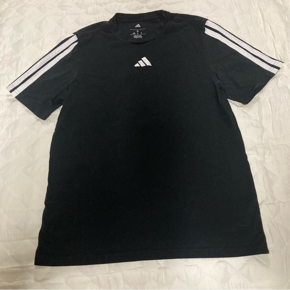 Adidas Boys Black Tee with White Sleeve Stripes